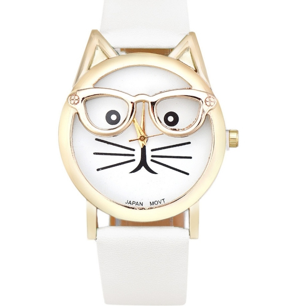Nerd Hipster Gold Cat Classes White Watch Gift